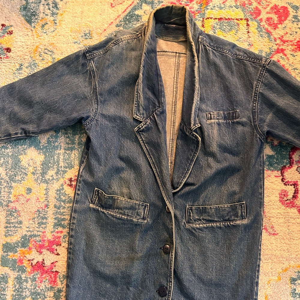 Super cute large vintage, long, Jean coat, trenchcoat style